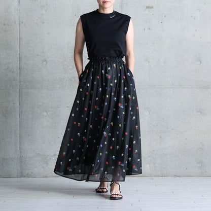 7月下旬お届け予定 C-SK-137「Robin flower sheer knit」Long skirt BLACK