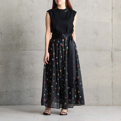 7月下旬お届け予定 C-SK-137「Robin flower sheer knit」Long skirt BLACK