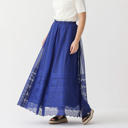 C-SK-98 「Trellis lace」Suspenders tuck long skirt BLUE