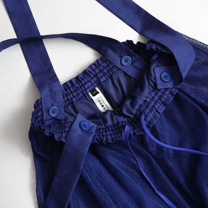 C-SK-98 「Trellis lace」Suspenders tuck long skirt BLUE