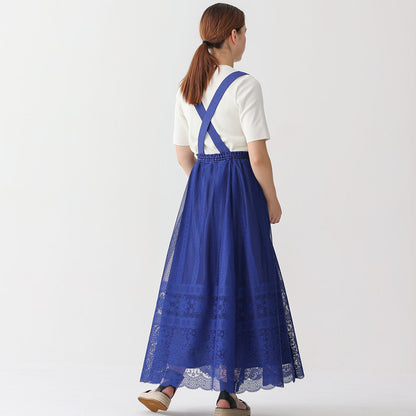 C-SK-98 「Trellis lace」Suspenders tuck long skirt BLUE