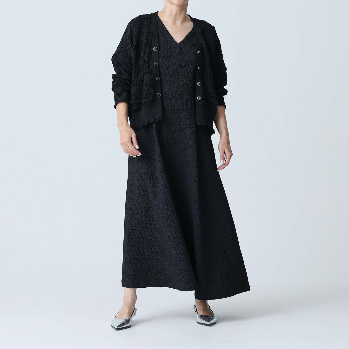 F-KN-04「Lace Mélange」V-neck cardigan BLACK