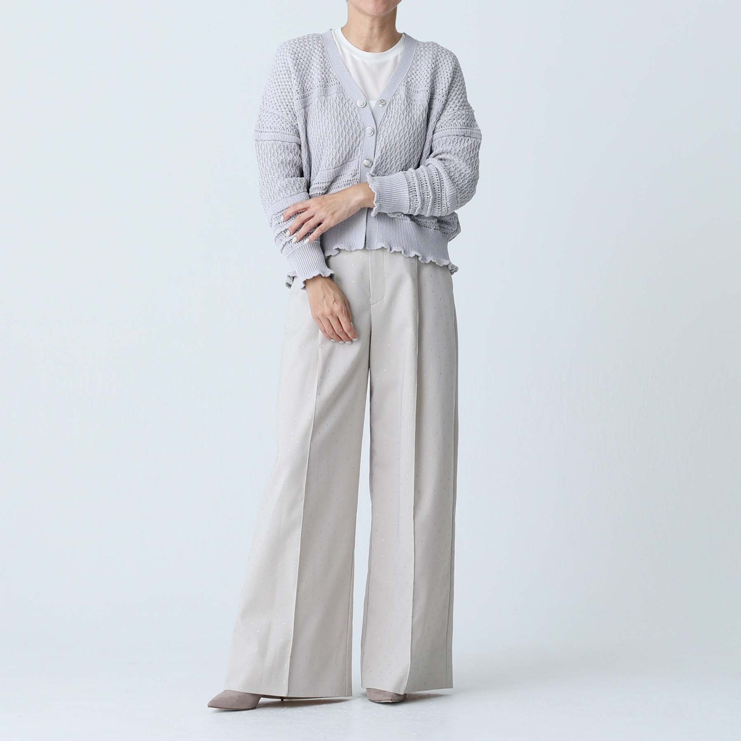 F-KN-04「Lace Mélange」V-neck cardigan L-GLAY