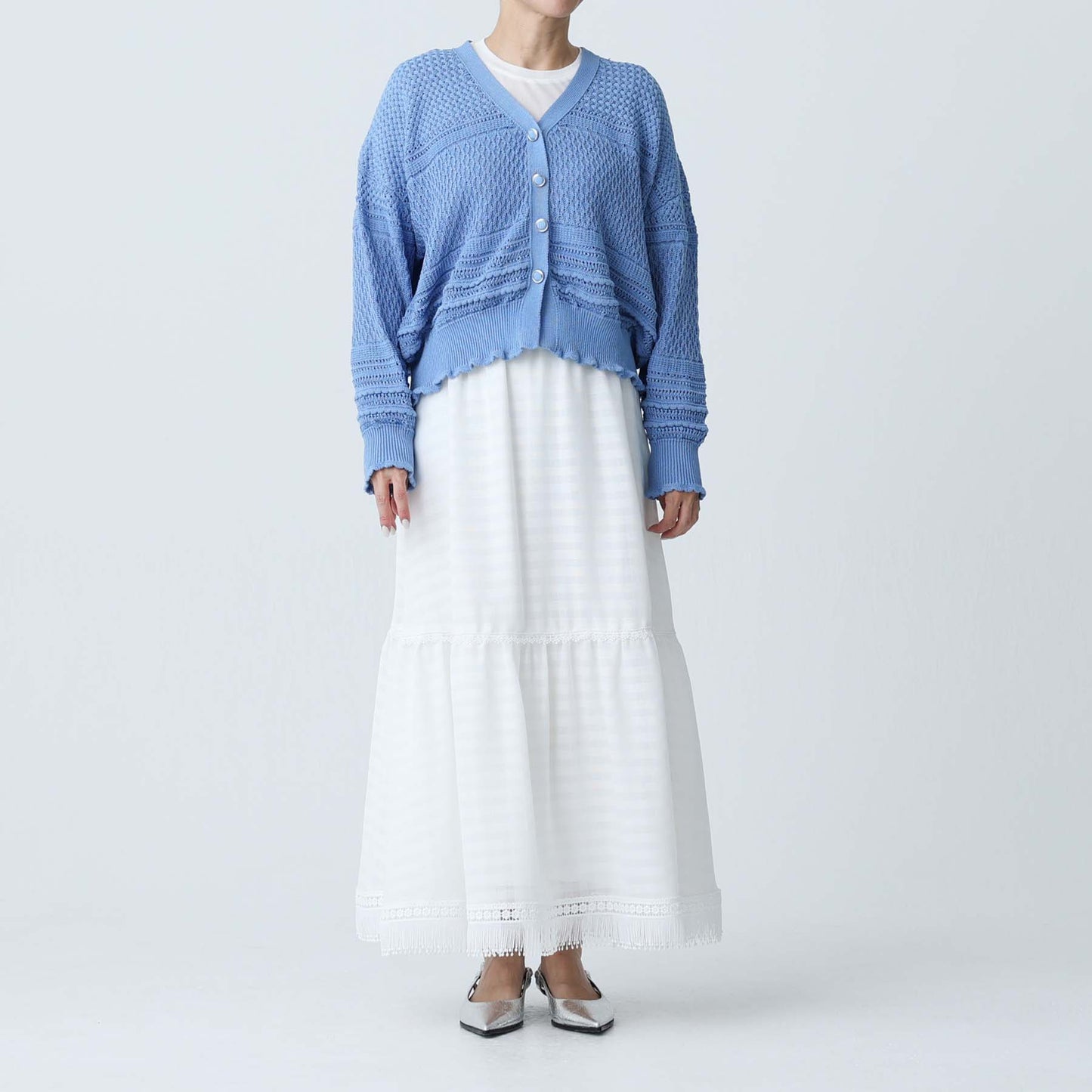F-KN-04「Lace Mélange」V-neck cardigan SAXE