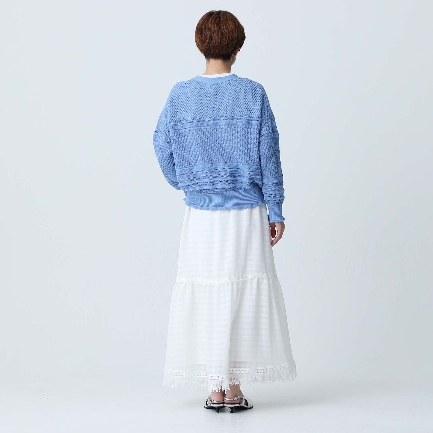 F-KN-04「Lace Mélange」V-neck cardigan SAXE