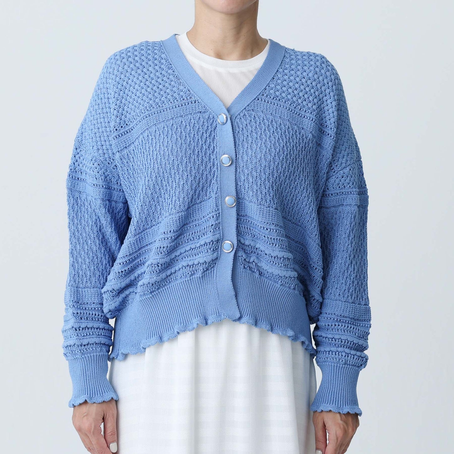 F-KN-04「Lace Mélange」V-neck cardigan SAXE