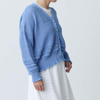 F-KN-04「Lace Mélange」V-neck cardigan SAXE