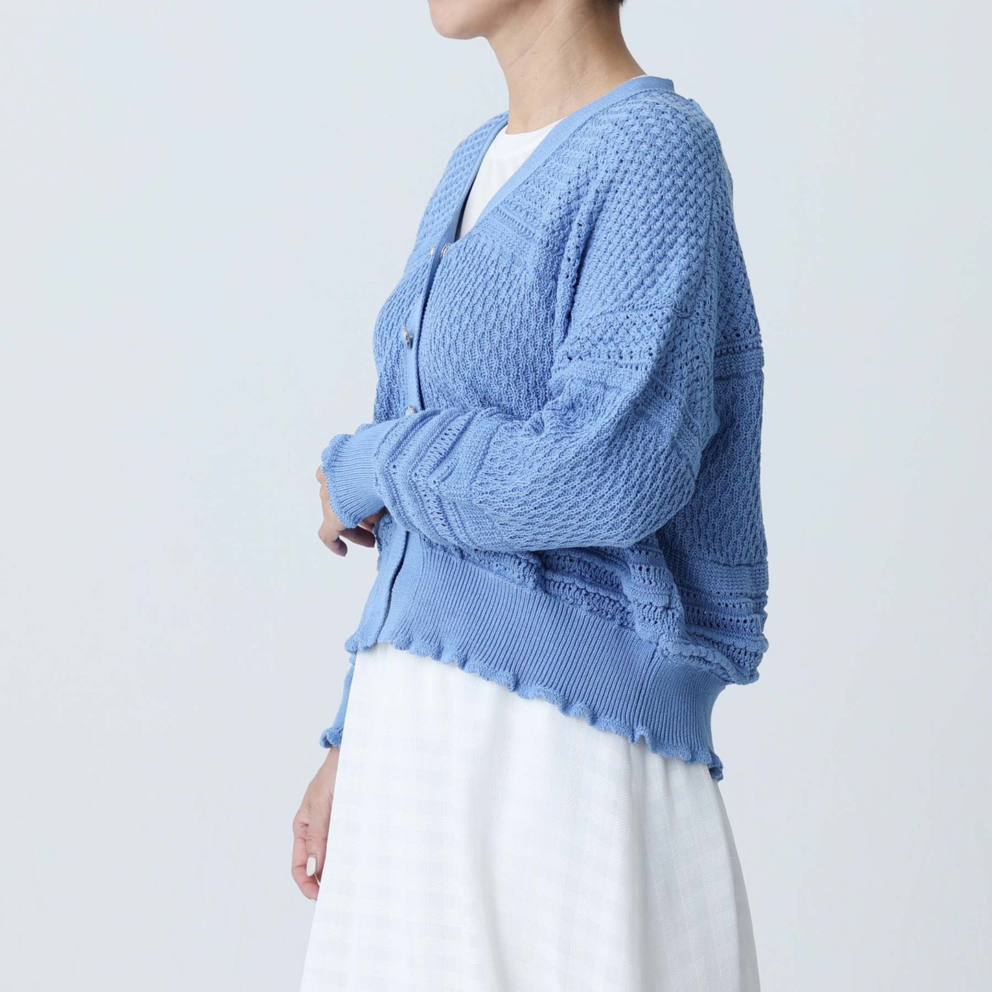 F-KN-04「Lace Mélange」V-neck cardigan SAXE