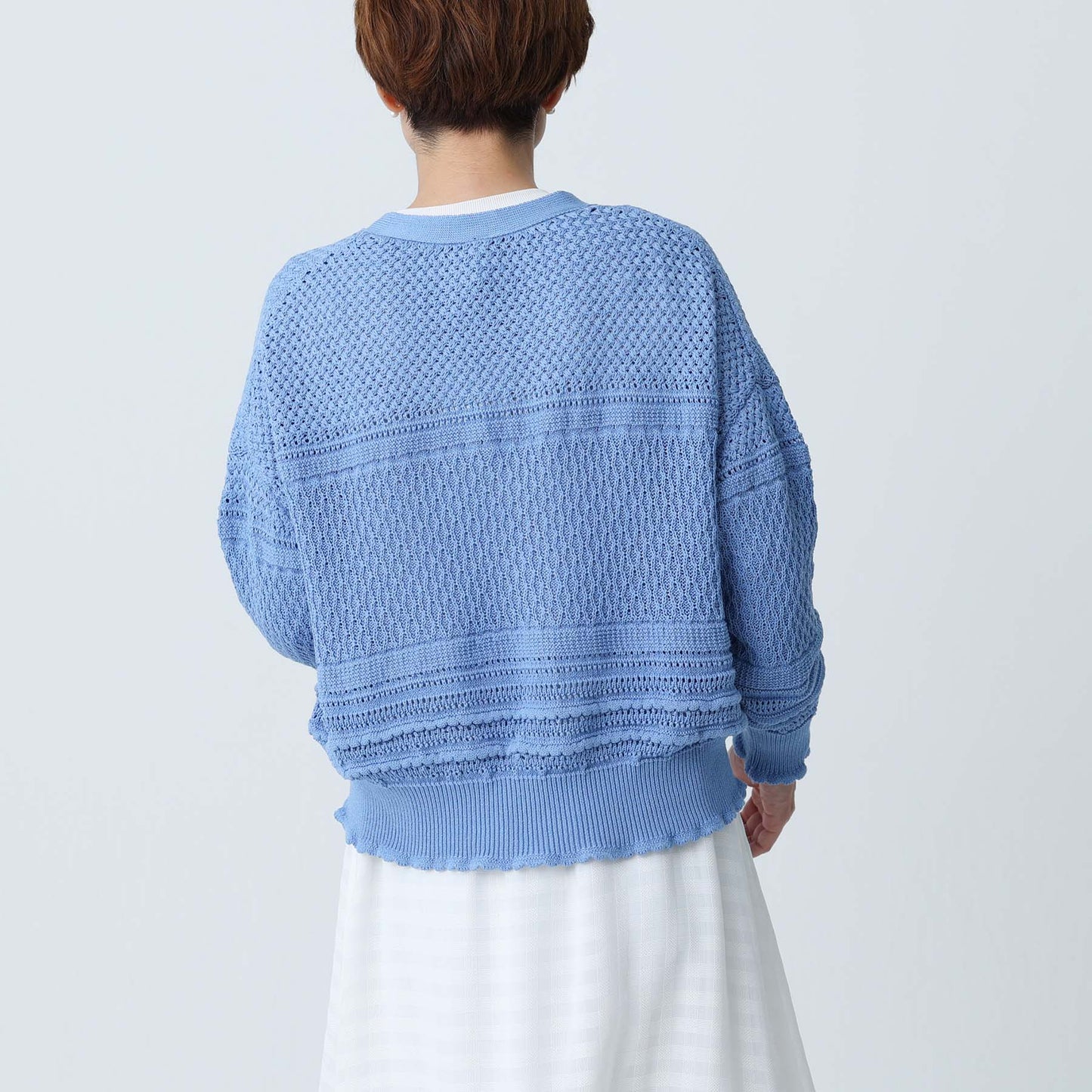 F-KN-04「Lace Mélange」V-neck cardigan SAXE