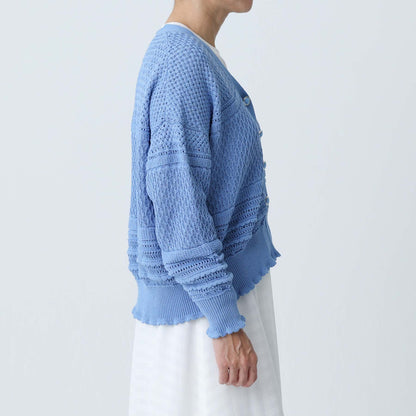 F-KN-04「Lace Mélange」V-neck cardigan SAXE